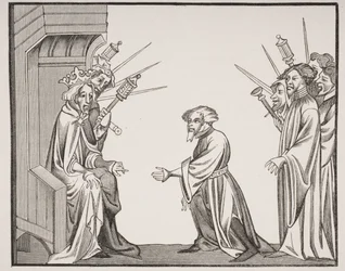 Karel de Grote (747-814) ontvangt de eed van trouw en eer van een van zijn grote leenmannen of hoge baronnen, facsimile van een 14e-eeuwse miniatuur in de 